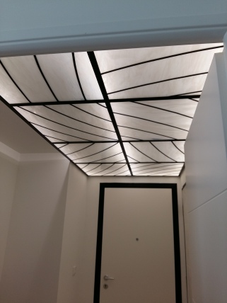 Plafond lumineux posé dans une structure acier. Rétro-éclairé, il est composé de 8 panneaux de 67*62 cm pour une longueur totale de 260*140 cm. Vitrail au plomb armé et verre opalescent blanc